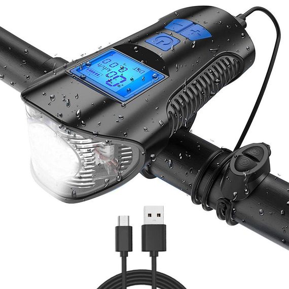 Велофара с компьютером и сигналом, от USB, XA-585-T6+2LED / Водостойкий велосипедный фонарь / Велокомпьютер