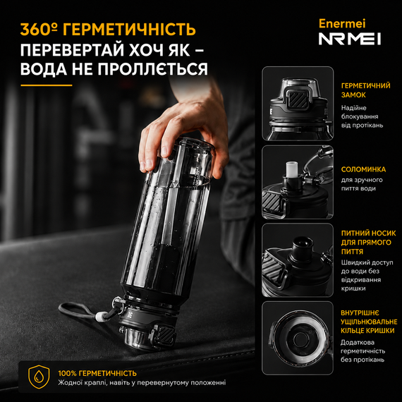 Пляшка для води 1500 мл (1.5 л) — Чорна, з Трітану (BPA-free) із ситечком для активного відпочинку | Зображення 2
