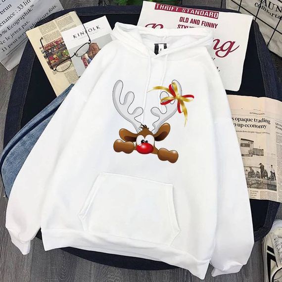 Женский теплый Новогодний худи с оленем, STI236 единый размер 42/48 цвет белый