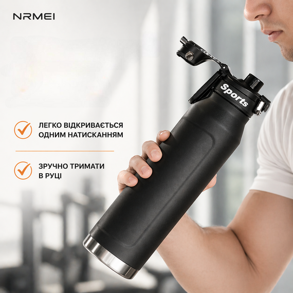 Спортивная термобутылка NRMEI 1000 мл (черная) - Вакуумная термобутылка из нержавеющей стали Fashion Style для тренировок | Зображення 6