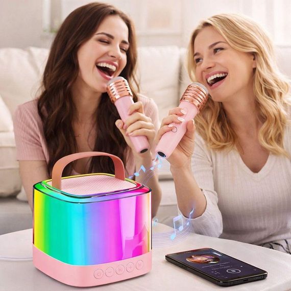 Портативная колонка-караоке + 2 микрофона, Bluetooth, USB, TF, AUX, T7, Розовый / Беспроводная колонка / Блютуз колонка | Зображення 3