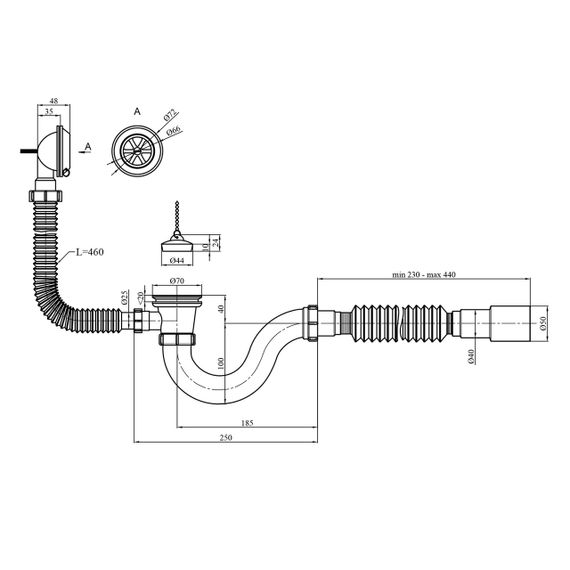 Сифон для ванни Agua BS02 1 1/2"х40/50 мм прямоточний, з переливом | Зображення 1