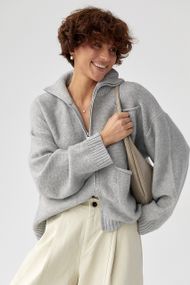 В'язаний кардиган на блискавці з кишенями - сірий цвет, ONE SIZE (є розміри)
