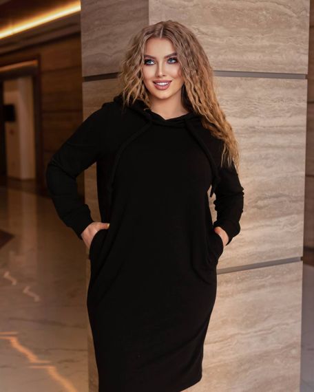 Женское длинное свободное спортивное платье-худи с капюшоном цвет черный, размер 46/48 IS830 | Зображення 2