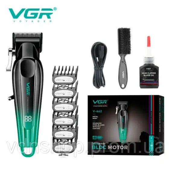 Акумуляторна машинка для стрижки VGR V-662 GREEN, 7000 RPM, 6 насадок, LED дисплей | Зображення 1