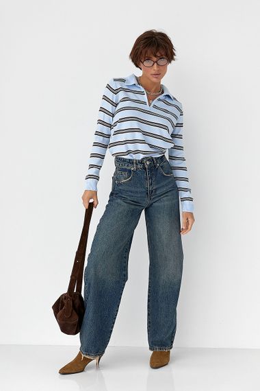 Жіночий светр-поло в смужку - блакитний цвет, ONE SIZE (є розміри) | Зображення 2