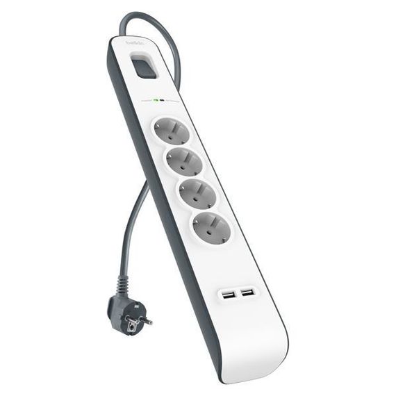 Сетевой фильтр Belkin 4хSchuko, 2xUSB 2.4A, c защитой от перенапряжения, 525 Дж, 2m, white (BSV401vf2M) | Зображення 1