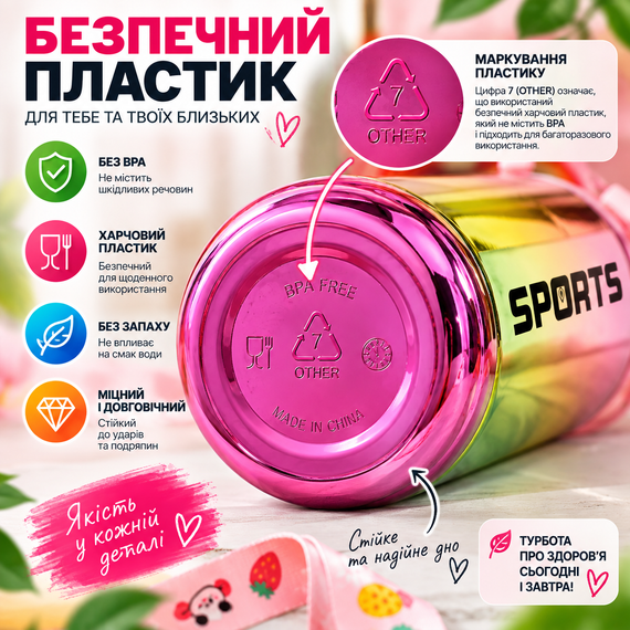 Бутылка для воды SPORTS «Pink Mirror» 1000 мл — зеркальная светоотражающая спортивная фляга 1 л, розовая | Зображення 4