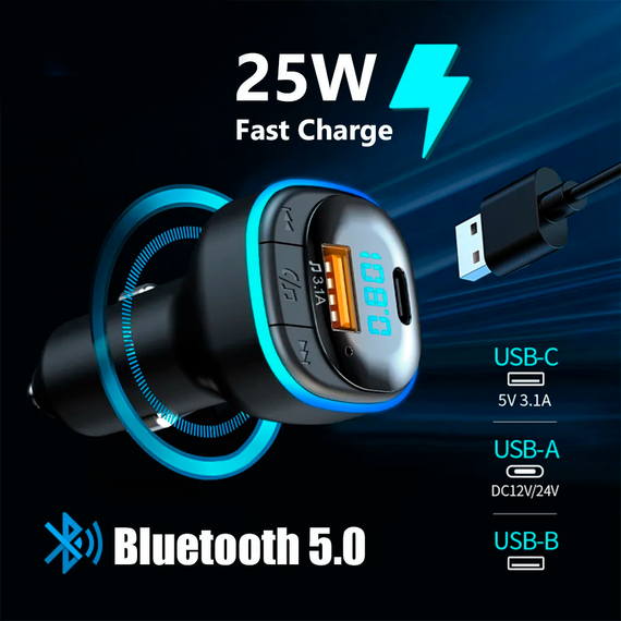 Автомобильный FM ФМ модулятор Terra С33, Bluetooth 5.0, трансмиттер, вольтметр, USB 3.1А, Type C | Зображення 1