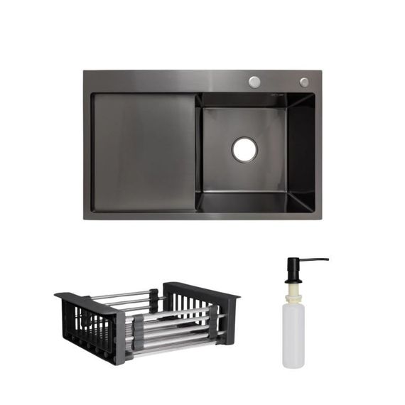 Комплект Lidz Handmade H7849BL Мийка для кухні інтегрована крило зліва BlackPVD у комплекті з дозатором + Lidz K01B Кошик