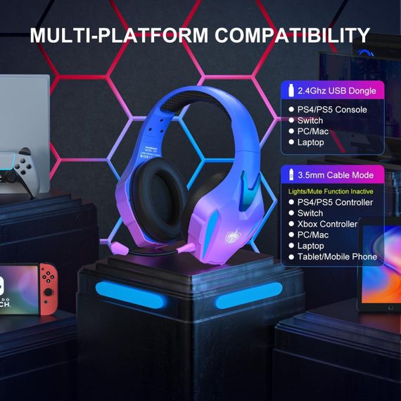 Бездротова ігрова гарнітура PHOINIKAS — для PS4, PS5, PC, Switch (2.4 ГГц, знімний мікрофон) | Зображення 2