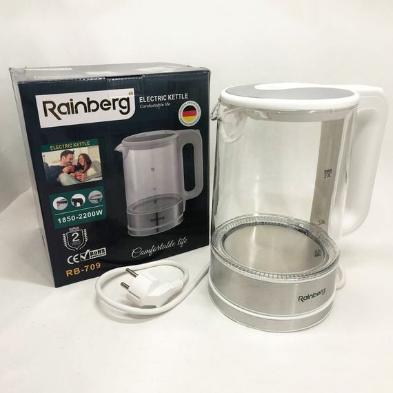 Дисковий електричний чайник Rainberg RB-709 скляний з підсвічуванням, чайник електро. EN-942 Колір: білий
