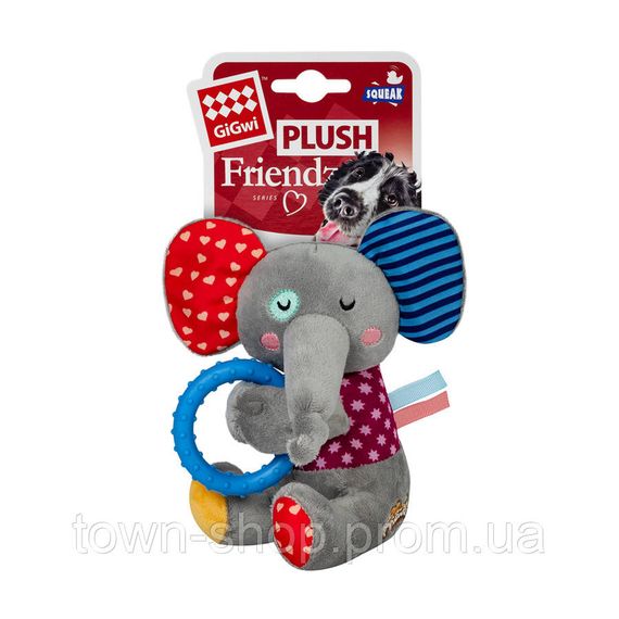 Игрушка для собак Слоненок с кольцом и пищалкой GiGwi Plush, текстиль, термопластичная резина, 16 см | Зображення 1