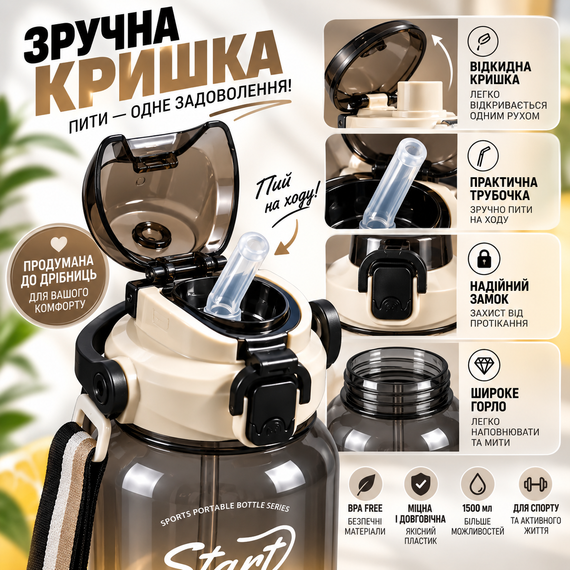 Спортивная бутылка для воды START TRAINING 1500 мл с ручкой и трубочкой - черная, большая фитнес-бутылка 1,5 л | Зображення 7