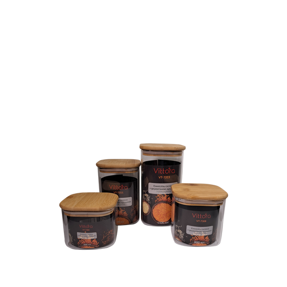 Емкость стеклянная с деревянной крышкой прямоугольная VT-7306 Vittora 600 мл | Зображення 1