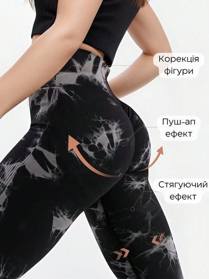 Легінси жіночі спортивні з пуш-ап Tie Dye 18696 M чорний мармур | Зображення 3