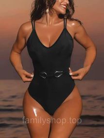 Цельный слитный женский купальник на тонких бретелях с поясом, Mbk262, цвет черный, размер М