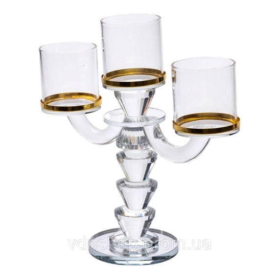 Канделябр на 3 свічки 23×9×23.5 см підсвічник скляний декоративний із золотою окантовкою HP-4-35 | Зображення 1