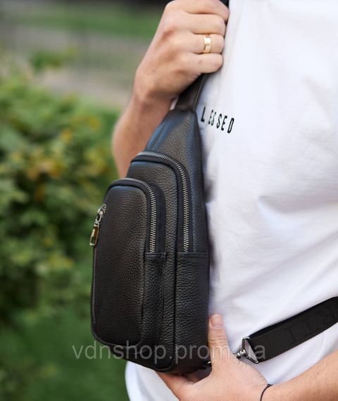 Сумка-слинг мужская через плече 19х31х7, нагрудная сумочка рюкзак из натуральной кожи TIDING BAG 32545 черная | Зображення 4