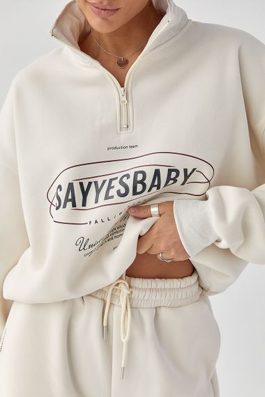 Теплий спортивний костюм із принтом - кремовий цвет, S/M (є розміри) | Зображення 3