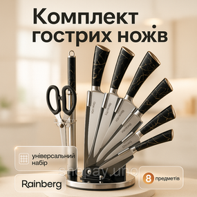 Набор кухонных ножей Rainberg RB-2499 8 предметов на вращающейся подставке Black