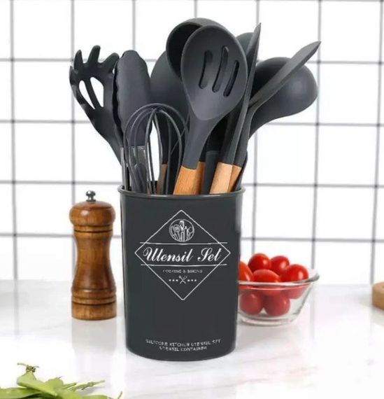Набор кухонных предметов Silicone kitchen utensils set 12 предметов Черный | Зображення 2
