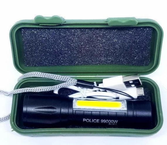 Светодиодный фонарик Bailong Police COB USB BL-511 BL-515 BL-513 в пластиковом чехле | Зображення 3