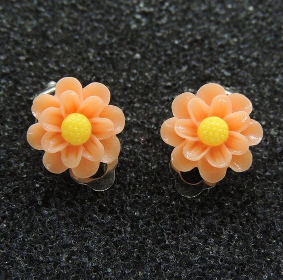 Сережки кліпси дитячі для вух без пробивання квітка Жоржина помаранчева з жовтою