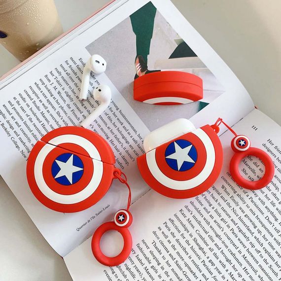 Силиконовый футляр Marvel & DC series для наушников AirPods 1/2 + кольцо Капитан Америка / Красный | Зображення 2