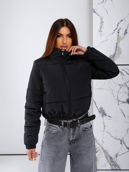 Женская короткая легкая весення куртка на молнии без капюшона  CU377 цвет черный, размер 46/48