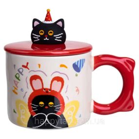Чашка порцелянова з кришкою Kitten's Birthday 400 (мл) подарункова кружка прикольна чашка для дітей на подарунок Червоний FM-24D