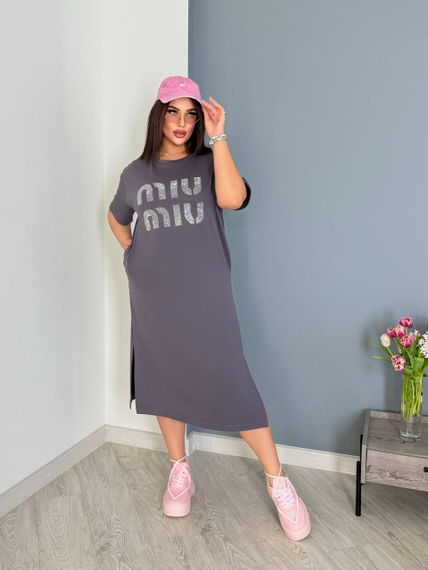Женское платье-футболка длинное с коротким рукавом, больших и батальных размеров IS873, цвет серый, размер 54/56 | Зображення 4