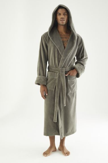 Мужской велюровый халат Nusa 7230 с капюшоном, хаки, M | Зображення 5