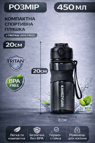 Спортивная бутылка для воды KANGZYUAN 450 мл черная, тритановая (BPA Free) | Зображення 3