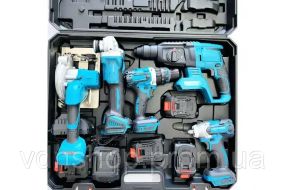 Набір електроінструментів 5в1 Шуруповерт Болгарка Гайковерт Перфоратор Циркуляр синій чемодан