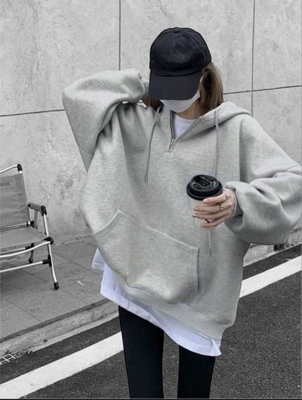 Жіноче тепле худі оверсайз на флісі на блискавці з капюшоном колір сірий, розмір 42/48  HI2704 | Зображення 2