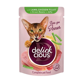 Вологий корм пауч Delickcious для дорослих котів, ягня, курка та спаржа в желе 85г