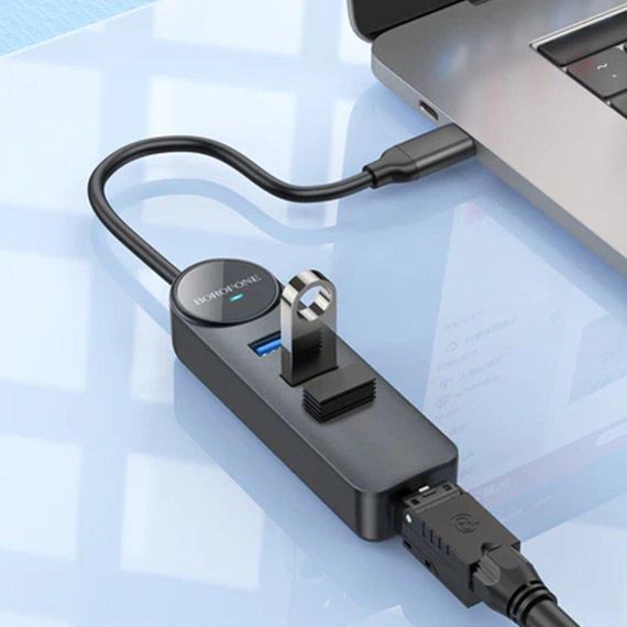 Перехідник Borofone DH6 Erudite 4in1 Gigabit Ethernet (Type-C to USB3.0*3+RJ45) (0.2m) Black | Зображення 3