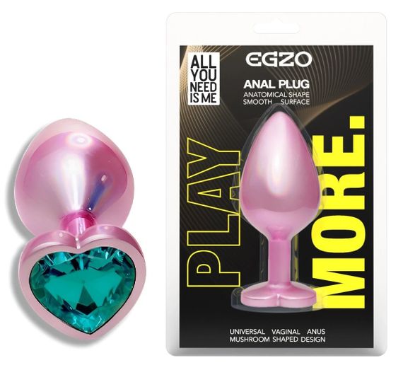 Анальная пробка EGZO Pink Perl Heart Plug S с бирюзовым кристаллом, металлическая Sex Aura