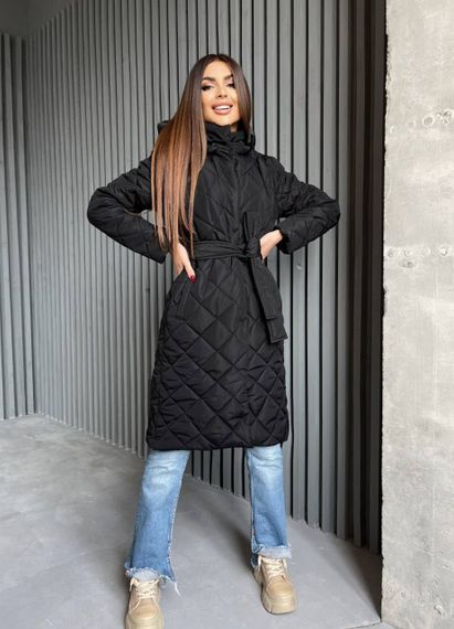 Женская длинная теплая куртка-пальто стеганая силикон 200, NA1044 цвет черный, размер 38/40
