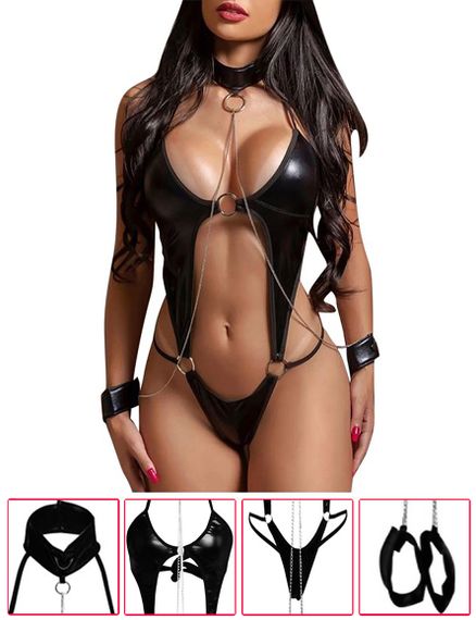 Сексуальне боді під латекс з ланцюжками та наручниками, розмір XXL | Зображення 2