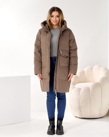 Стильний оливковий пуховик на зиму з кишенею для мобільного в великих розмірах | Зображення 4