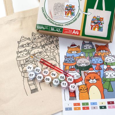 Набор для творчества Rosa Talent екосумка-розмальовка, Коти в шапках, 38х42 см (4823098543527) | Зображення 3