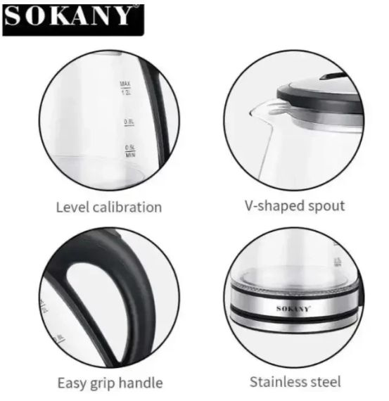 Стеклянный электрочайник 1500Вт Sokany SK-SH-1059, чайник с подсветкой на 1.2 л. | Зображення 5