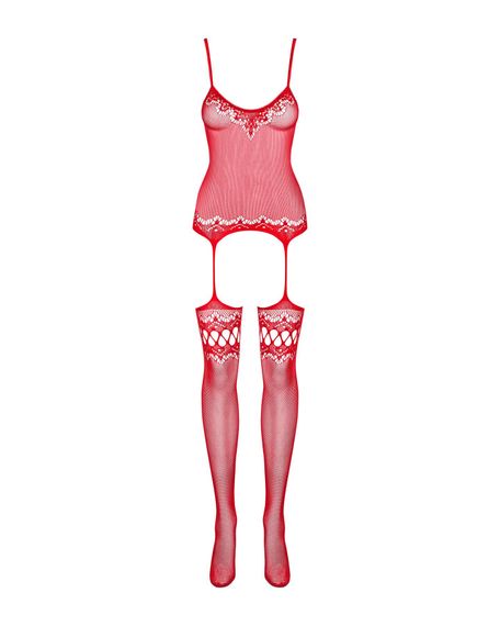 Бодістокінг Obsessive Bodystocking F214 red S/M/L, імітація корсета та панчіх на підв’язках | Зображення 4