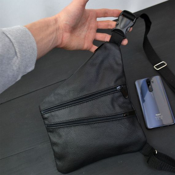 Сумка чоловіча на 3 кишенях, з натуральної шкіри, слінг нагрудний чорний, чоловіча сумка кроссбоді | Зображення 7