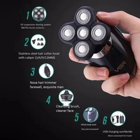 Электробритва V-302 для мужчин роторная для влажного и сухого бритья с плавающими головками и триммером 4в1 | Зображення 3