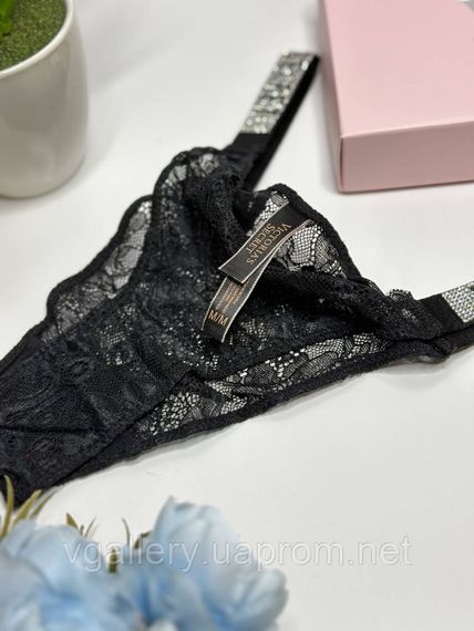 Жіночі трусики буферикова Victoria's Secret зі стразами, танга Вікторія Сікрет зі стразами М, Чорний | Зображення 2