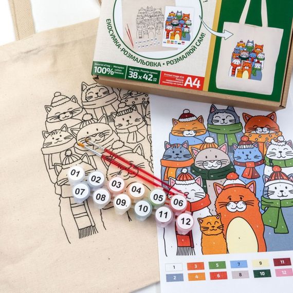 Набір для розфарбовування еко-сумки "Коти в шапках" N0003646 | Зображення 1