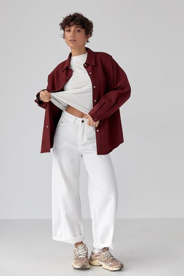 Вільна котонова сорочка на кнопках - темно-червоний цвет, ONE SIZE (є розміри) | Зображення 1